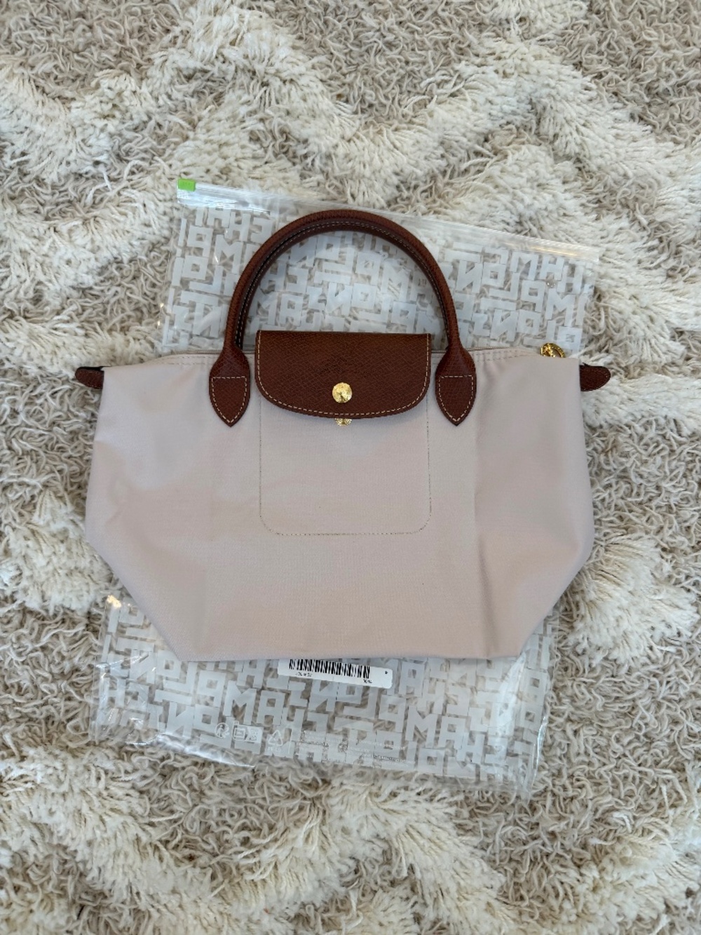 Longchamp Le Pliage Small Tote – Nude/Beige with Brown Leather – NEW w/ Receipt